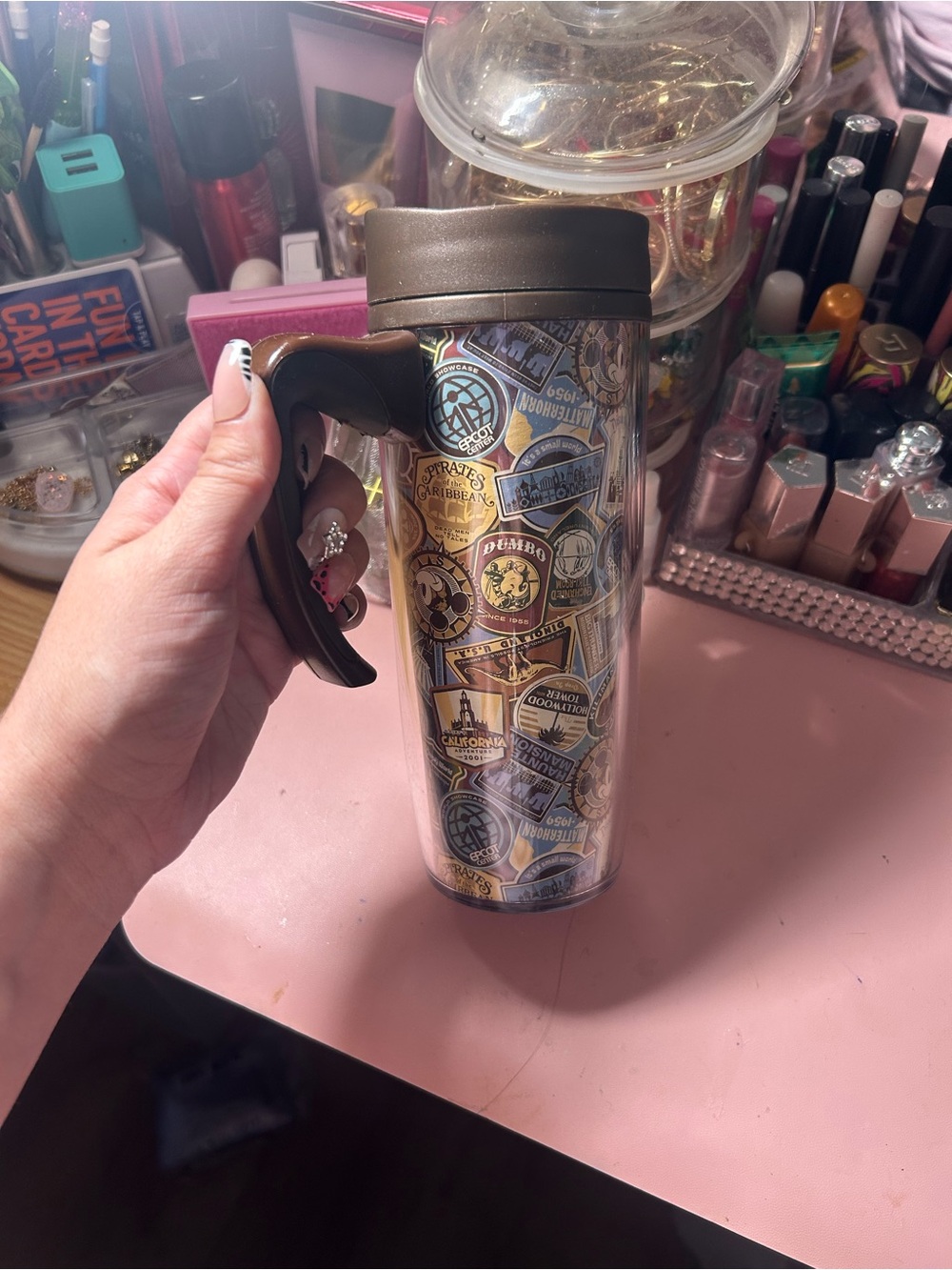 Sticker Patch Travel Tumbler - Brown Lid & Handle